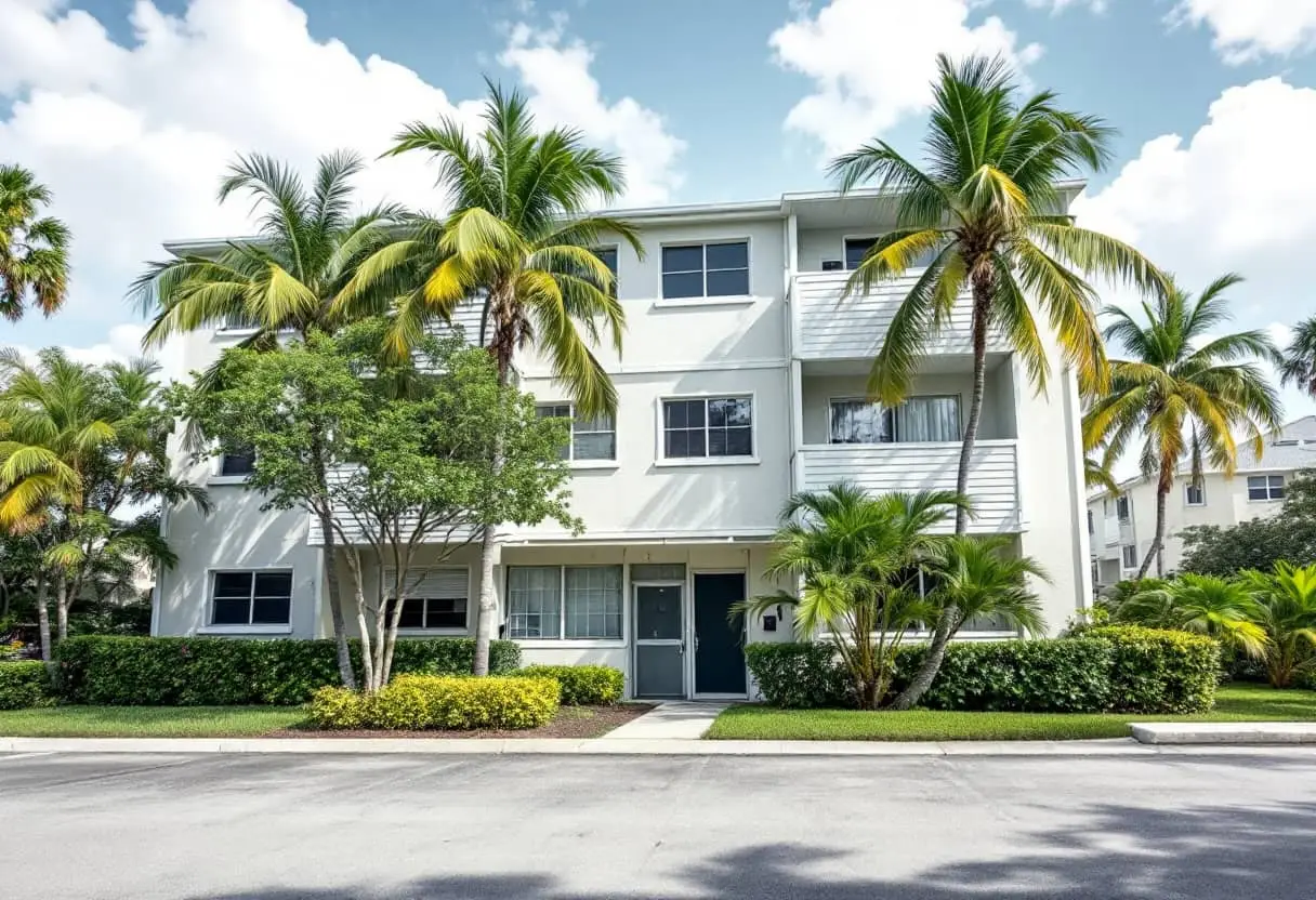A South Florida condo tower entrance with palm landscaping and a covered drop-off