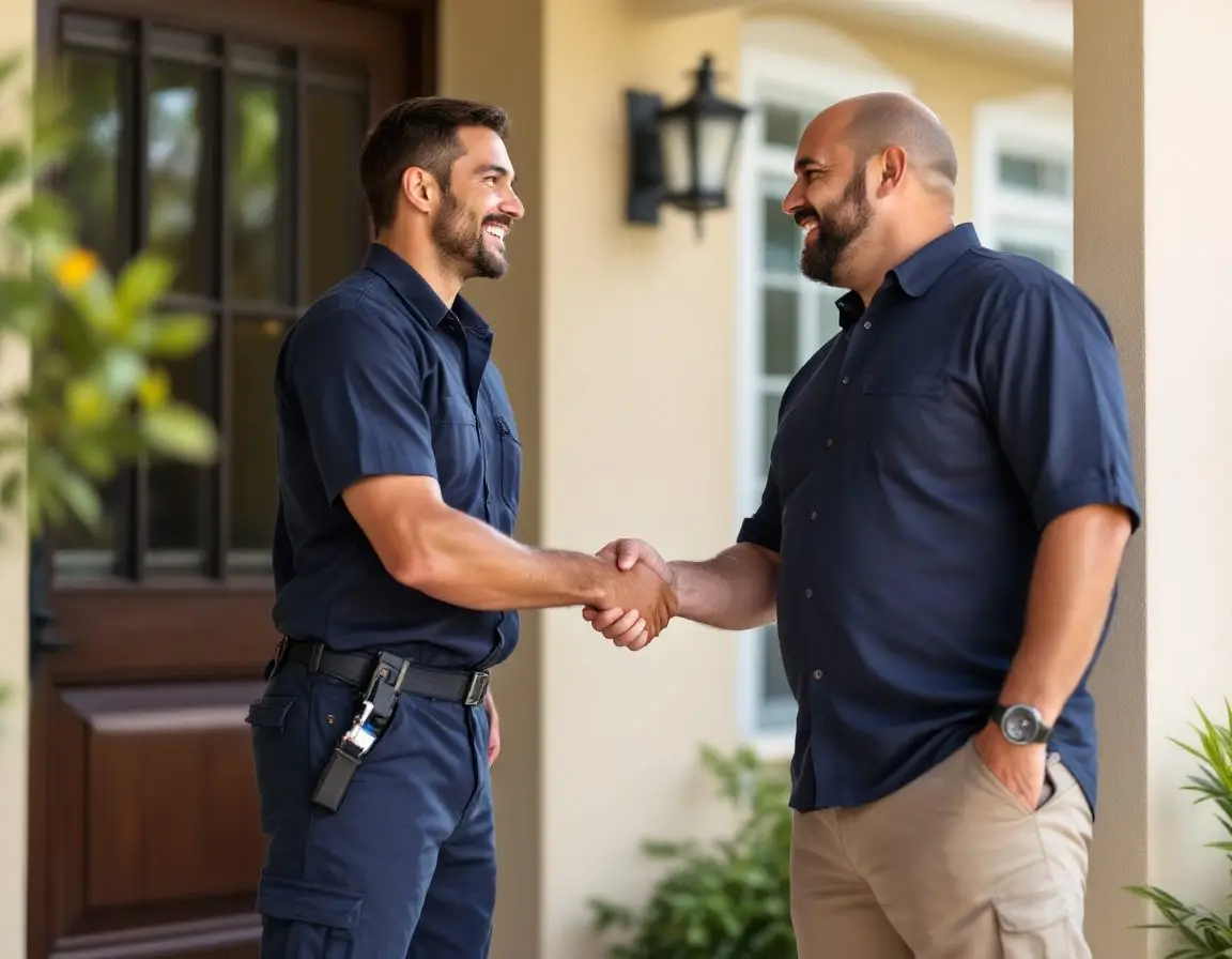 A plumbing technician and a homeowner shaking hands on a front porch after a completed job