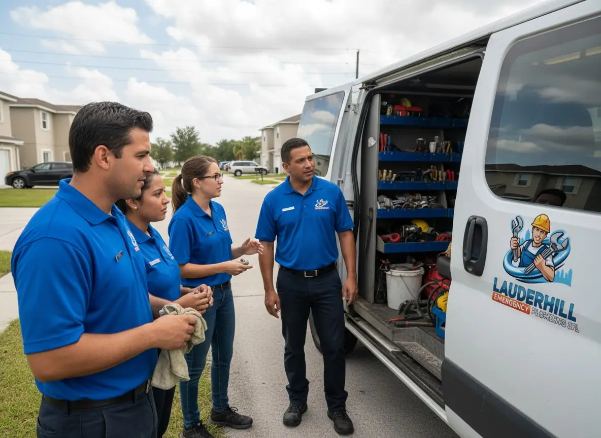Plumbing technicians beside a service van with its door open showing organized tools
