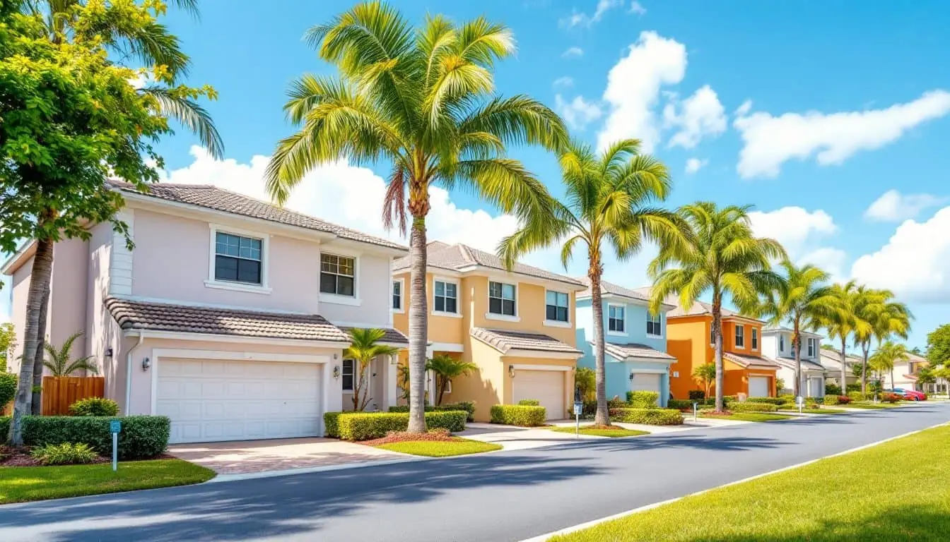 A row of colorful two-story townhomes with palm trees in a gated South Florida neighborhood