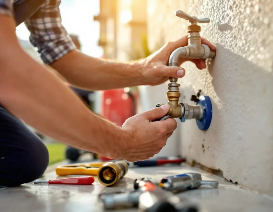 A plumbing technician’s hands adjusting an outdoor water shutoff valve, with hand tools laid out nearby