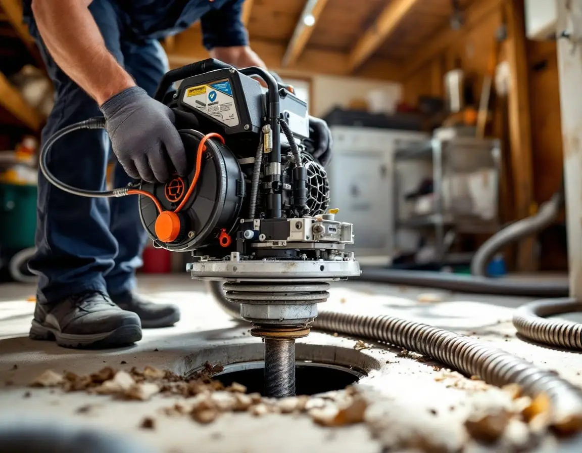 A plumbing technician feeding a drain cable into a kitchen sink drain