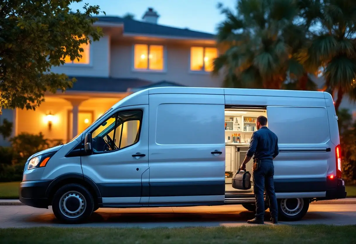 A plumbing technician arriving after dark with a flashlight and toolbox at a townhome front door