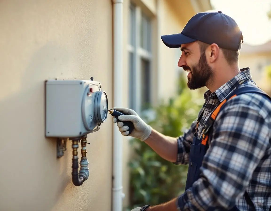 A plumbing technician using a pressure gauge to test a gas line connection at a residential appliance