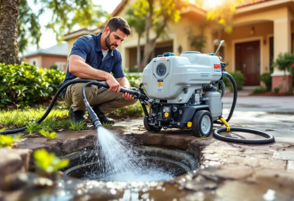 A plumbing technician operating a hydro-jetting hose reel next to a sewer cleanout access point