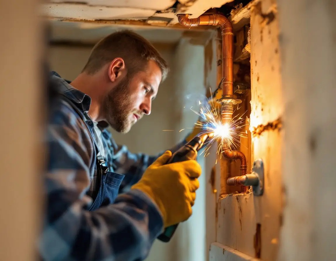A plumbing technician soldering a new copper supply pipe inside an open wall cavity