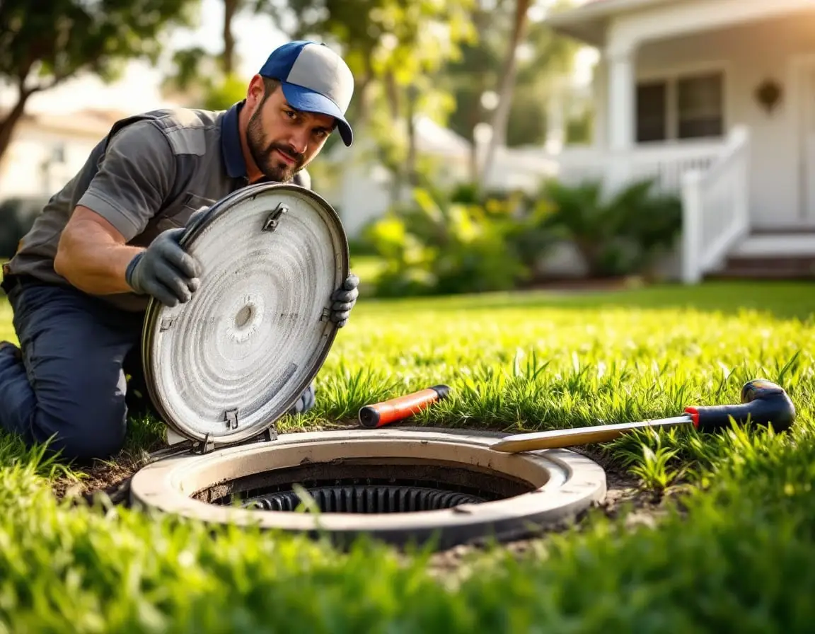 A plumbing technician standing beside an open septic tank access lid during a service visit