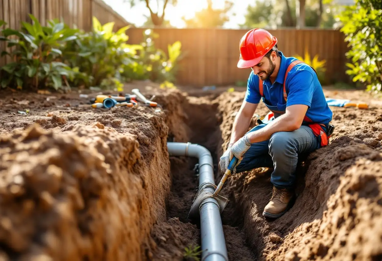 A plumbing technician holding a sewer camera monitor while feeding the camera cable into a cleanout