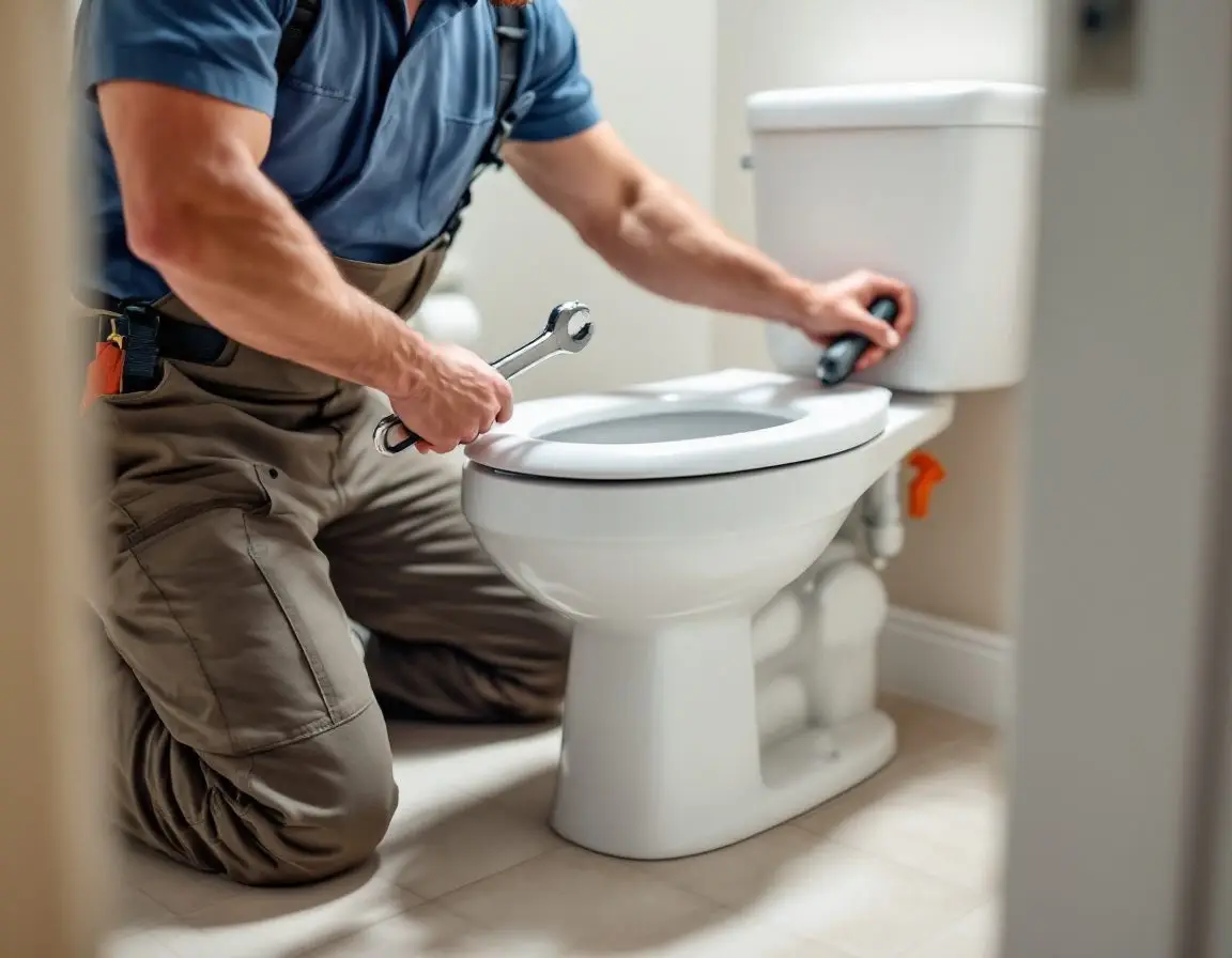A plumbing technician’s hands tightening the base of a kitchen faucet with an adjustable wrench