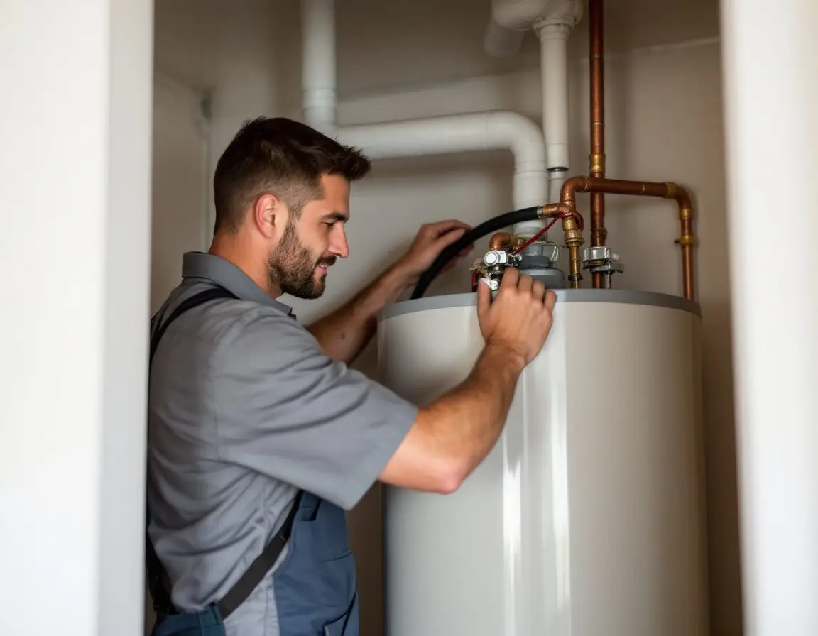 A plumbing technician installing a new water heater tank in a residential utility closet