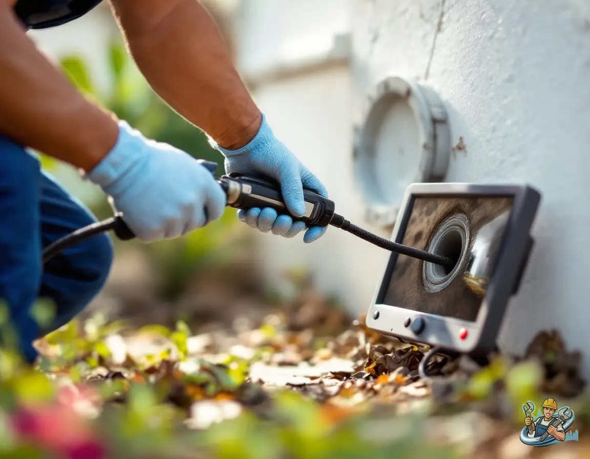 A plumber's gloved hands feeding a sewer inspection camera cable into an exterior cleanout, with a monitor showing the pipe interior