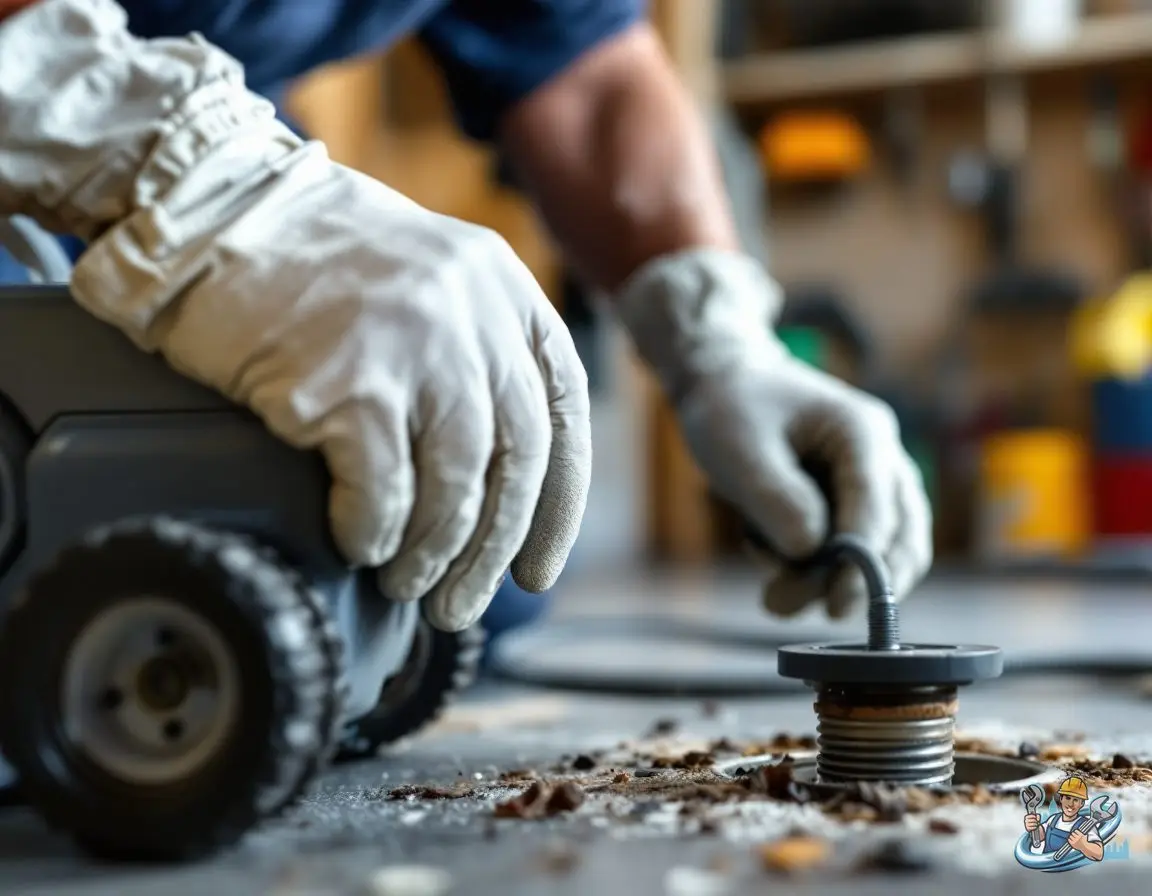 A plumber's gloved hands guiding a drum drain machine cable into a floor cleanout fitting