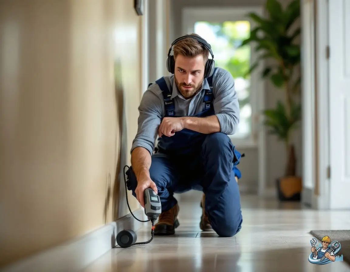 A plumber wearing headphones and kneeling in a hallway, holding acoustic leak-detection equipment against the floor