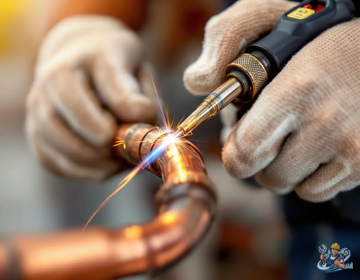 Close-up of a plumber's gloved hands soldering a copper pipe elbow joint with a small torch