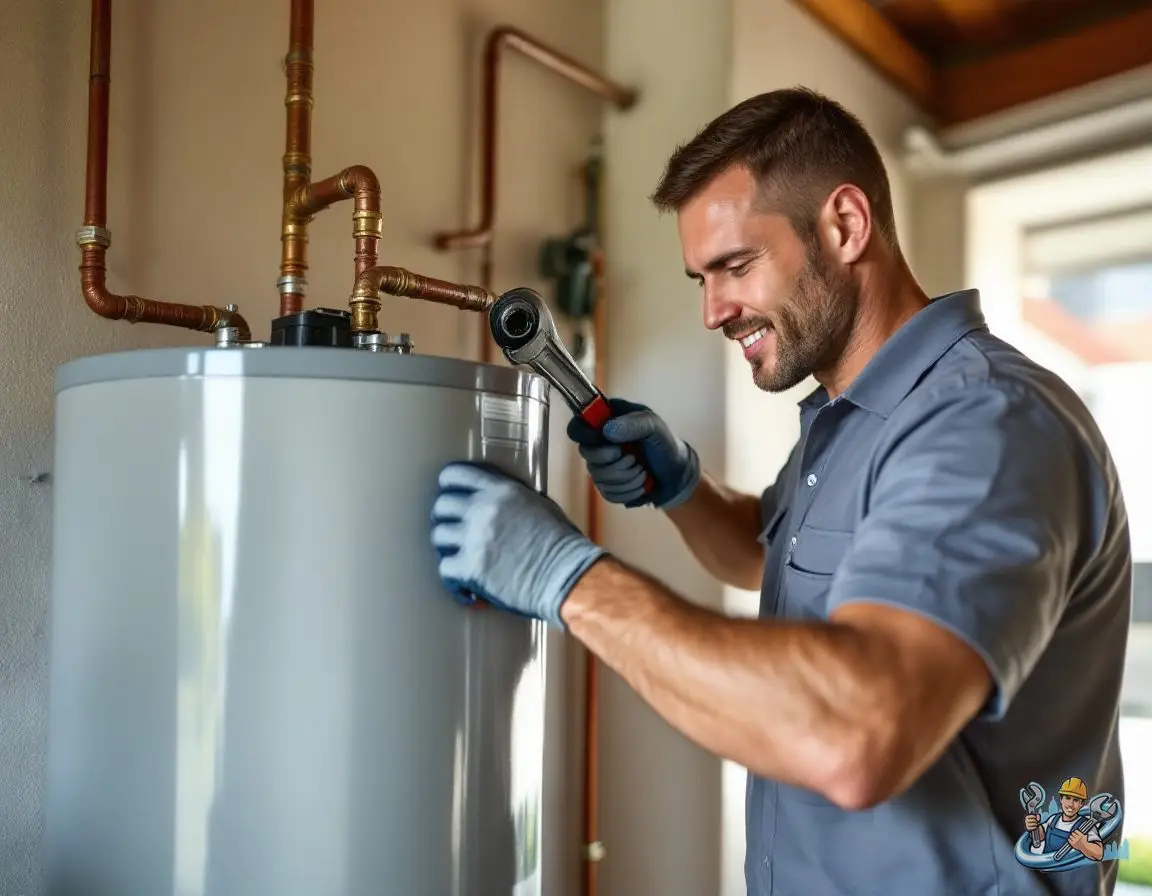 A plumber using a ratchet wrench to tighten a copper fitting on top of a newly installed tank water heater in a garage